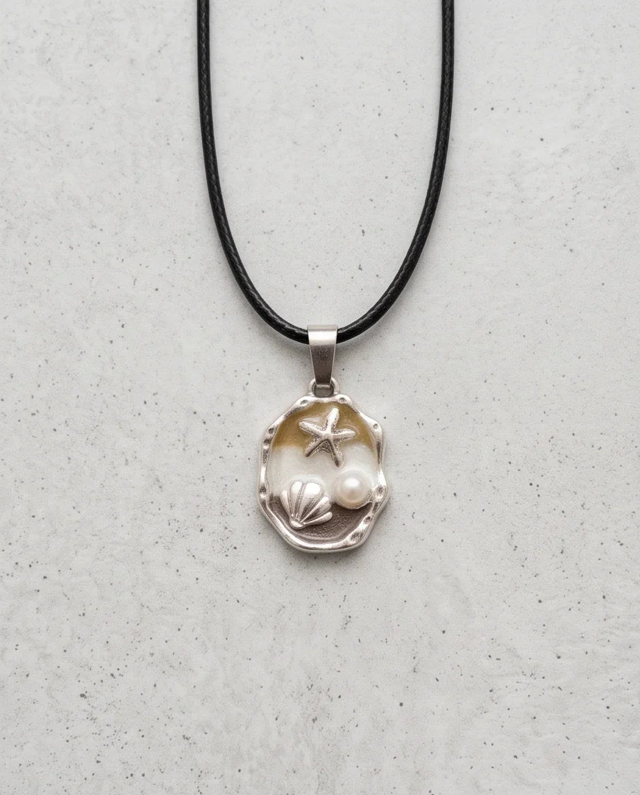 Silver Gold Seashell Starfish Pearl Enamel Medallion Chain Necklace