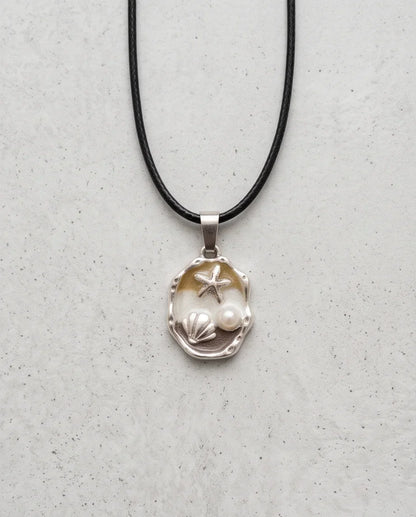 Silver Gold Seashell Starfish Pearl Enamel Medallion Chain Necklace