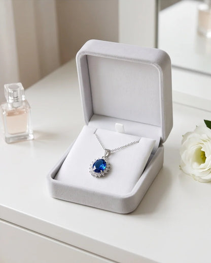 Silver Sapphire Blue Oval Halo Medallion Pendant Necklace