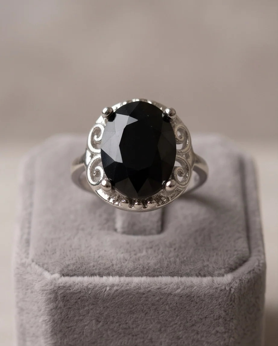 Silver Oval Onyx Filigree Solitaire Ring