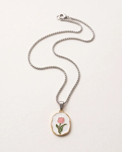 Gold Pink Tulip Enamel Medallion Chain Necklace