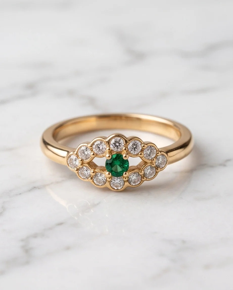 Emerald & Crystal Scalloped Halo Ring