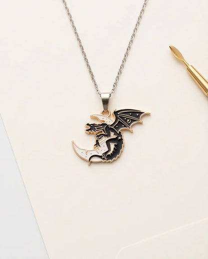 Gold Celestial Dragon White Crescent Moon Enamel Pendant Necklace