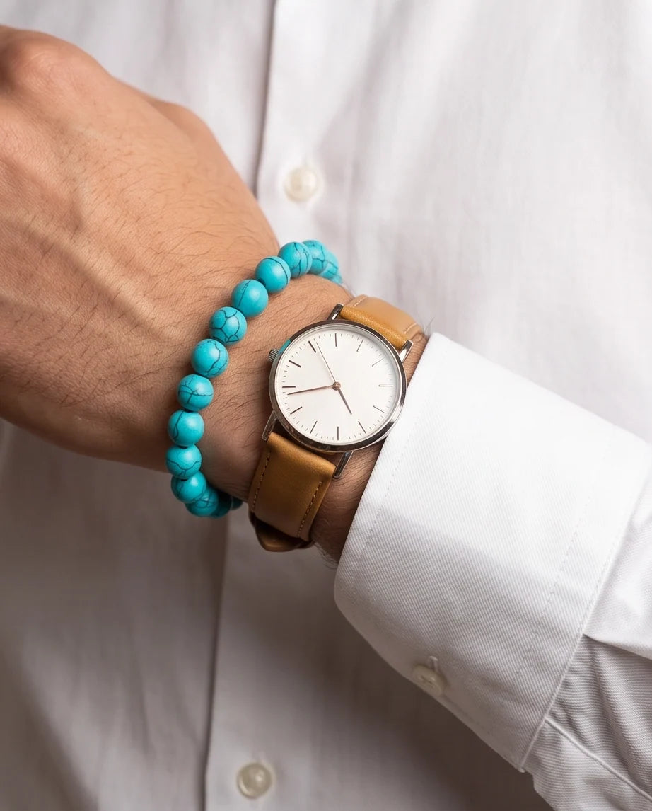 Natural Turquoise Veined Stone Beaded Adjustable Macrame Bracelet