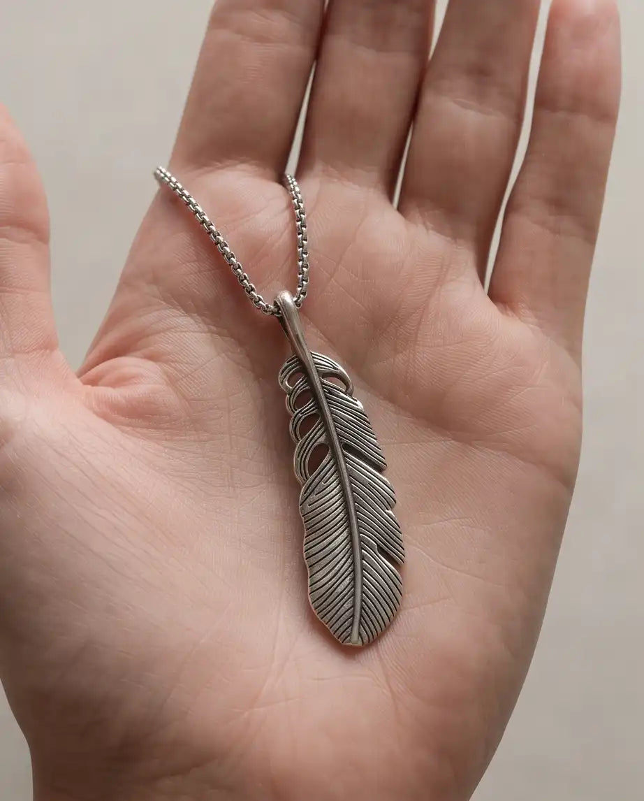 Antiqued Feather Blade Pendant Box Chain