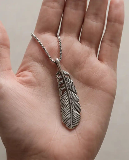 Antiqued Feather Blade Pendant Box Chain