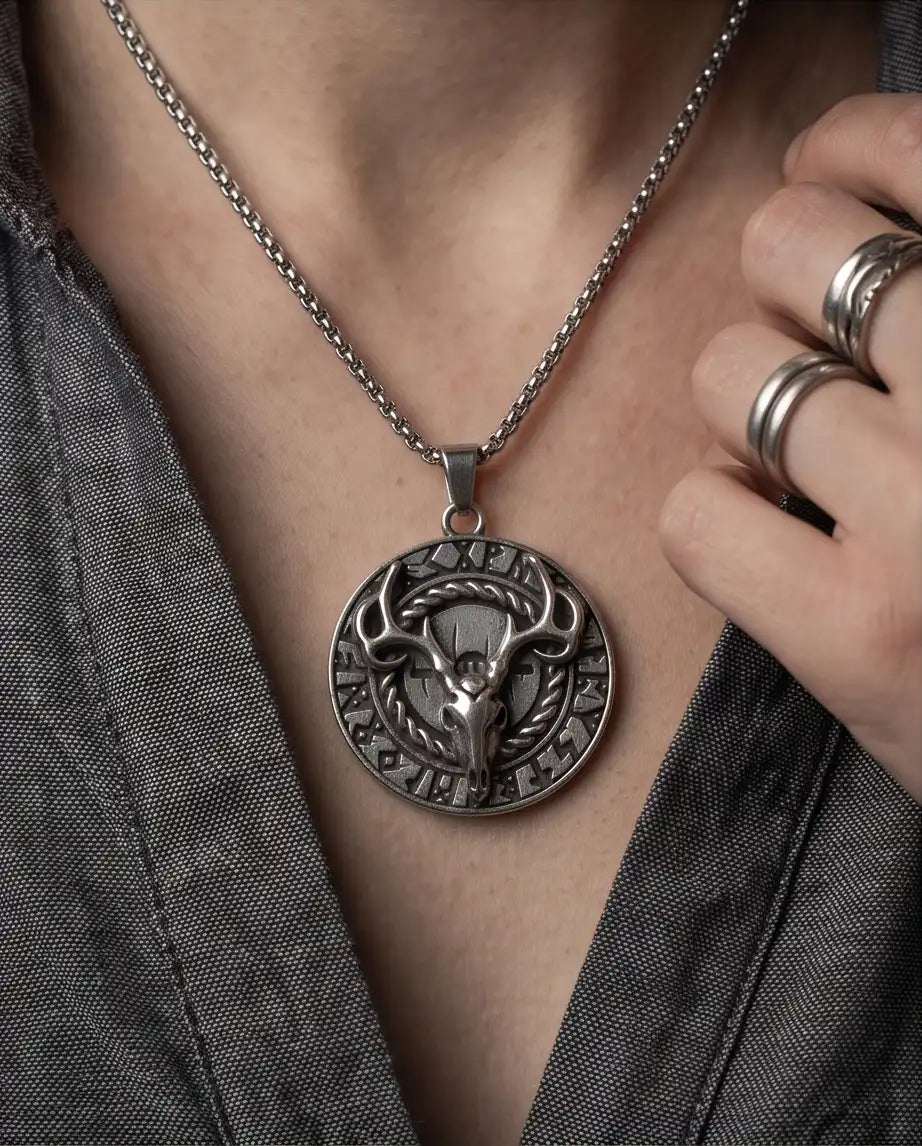 Antiqued Norse Rune Deer Skull Pendant Box Chain