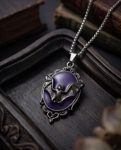 Antique Silver Gothic Bat Purple Enamel Medallion Chain Necklace