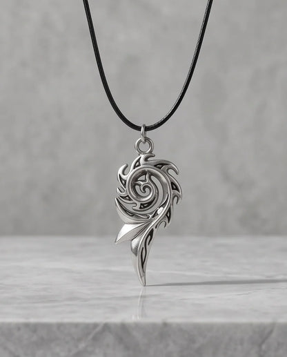 Silver Tribal Swirl Flame Cord Necklace