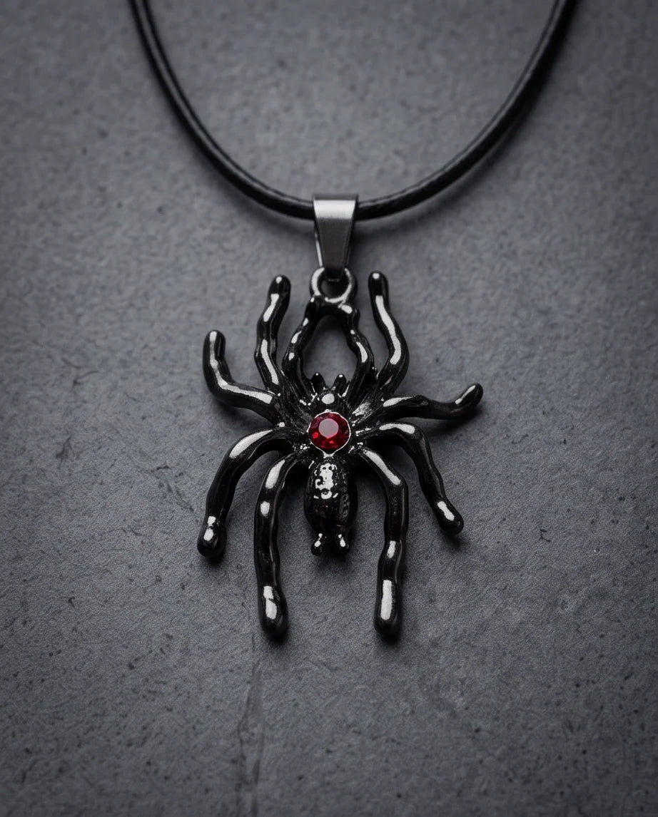 Black Spider Red Round Crystal Gem Pendant Necklace