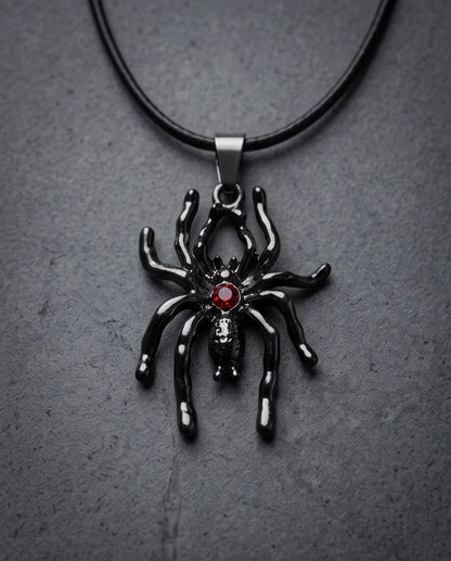 Black Spider Red Round Crystal Gem Pendant Necklace