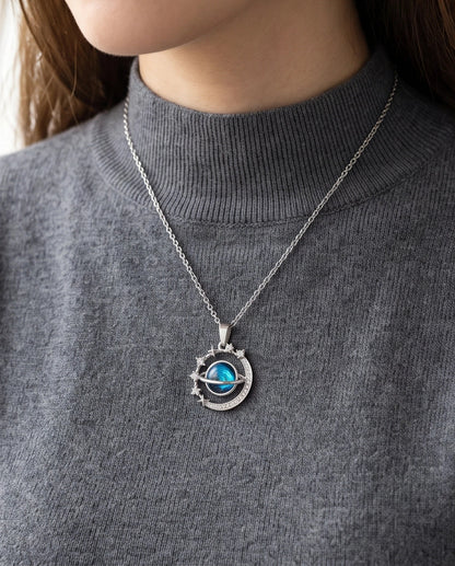 Silver Cosmic Galaxy Planet Crescent Pendant Necklace