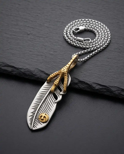 Two-Tone Eagle Claw Feather Pendant Silver Box Chain Necklace