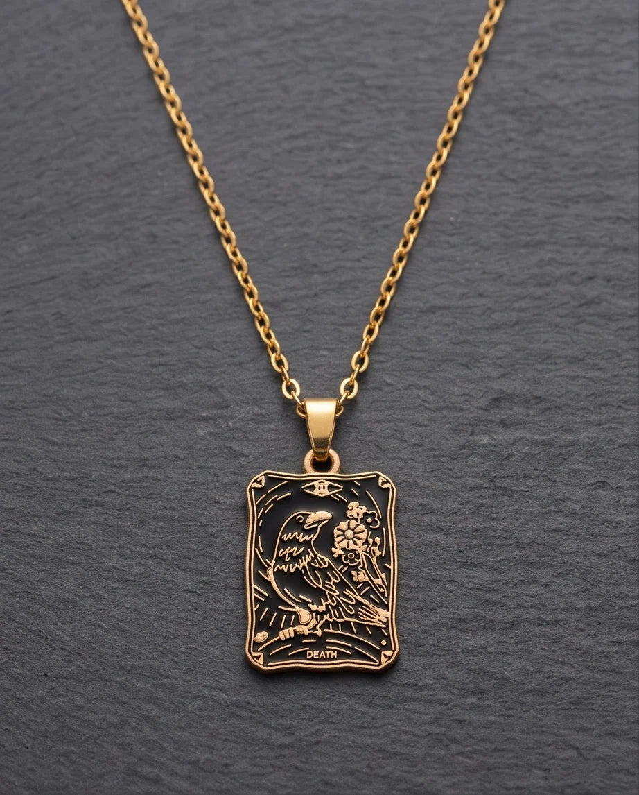 Gold "Death" Raven Tarot Card Pendant Necklace