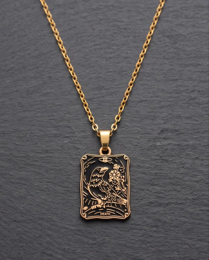 Gold "Death" Raven Tarot Card Pendant Necklace