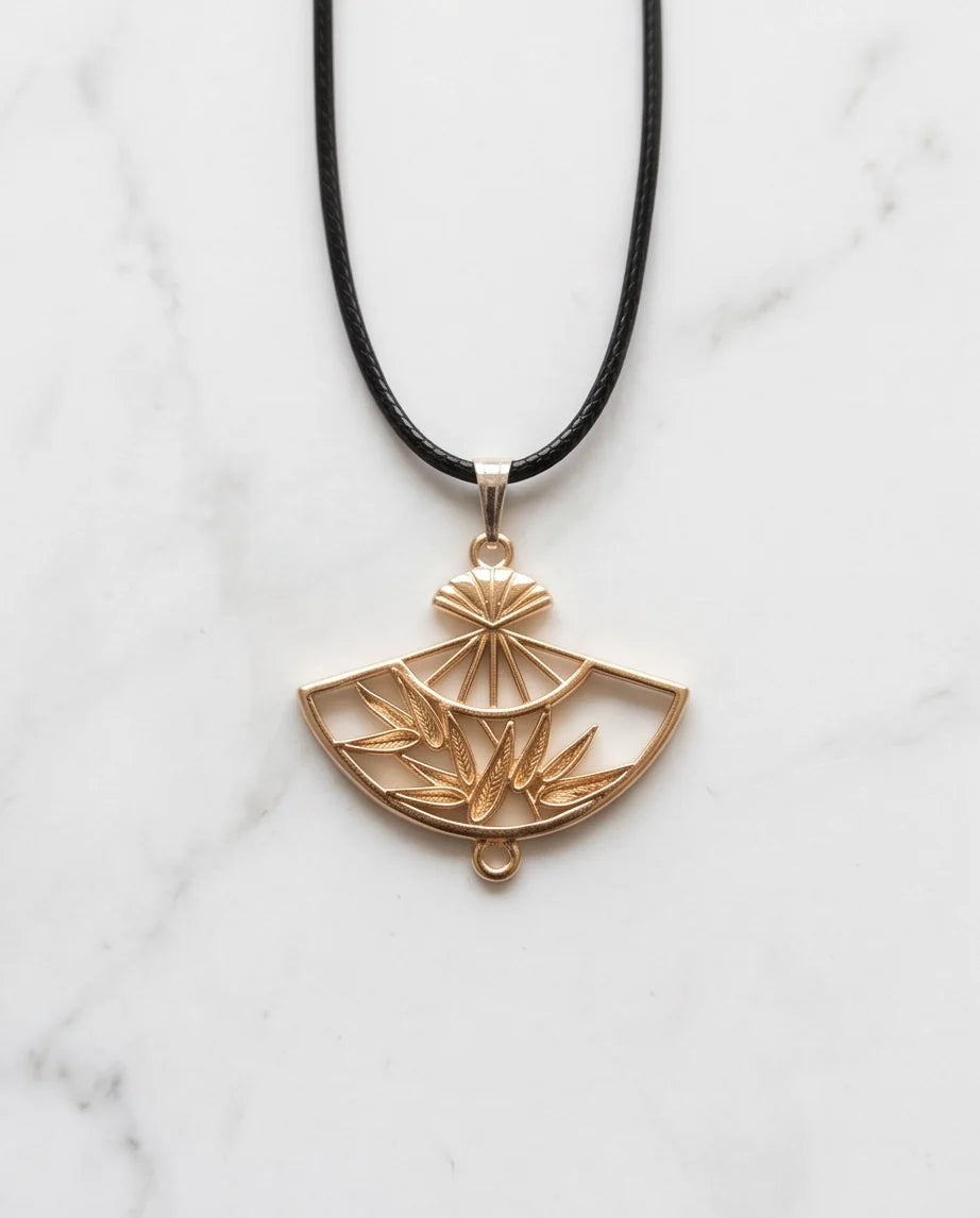 All-Gold Bamboo Fan Pendant Necklace