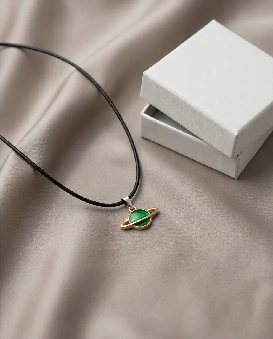 Gold and Green Saturn Planet Necklace