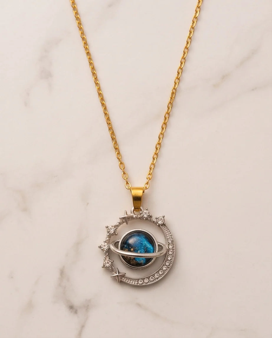 Silver Cosmic Galaxy Planet Crescent Pendant Necklace