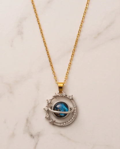Silver Cosmic Galaxy Planet Crescent Pendant Necklace
