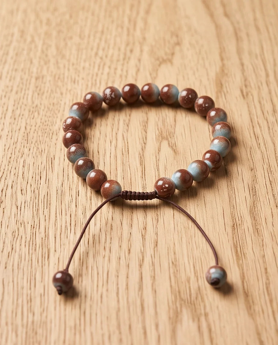 Earthy Rust & Teal Two-Tone Stone Beaded Adjustable Macrame Bracelet