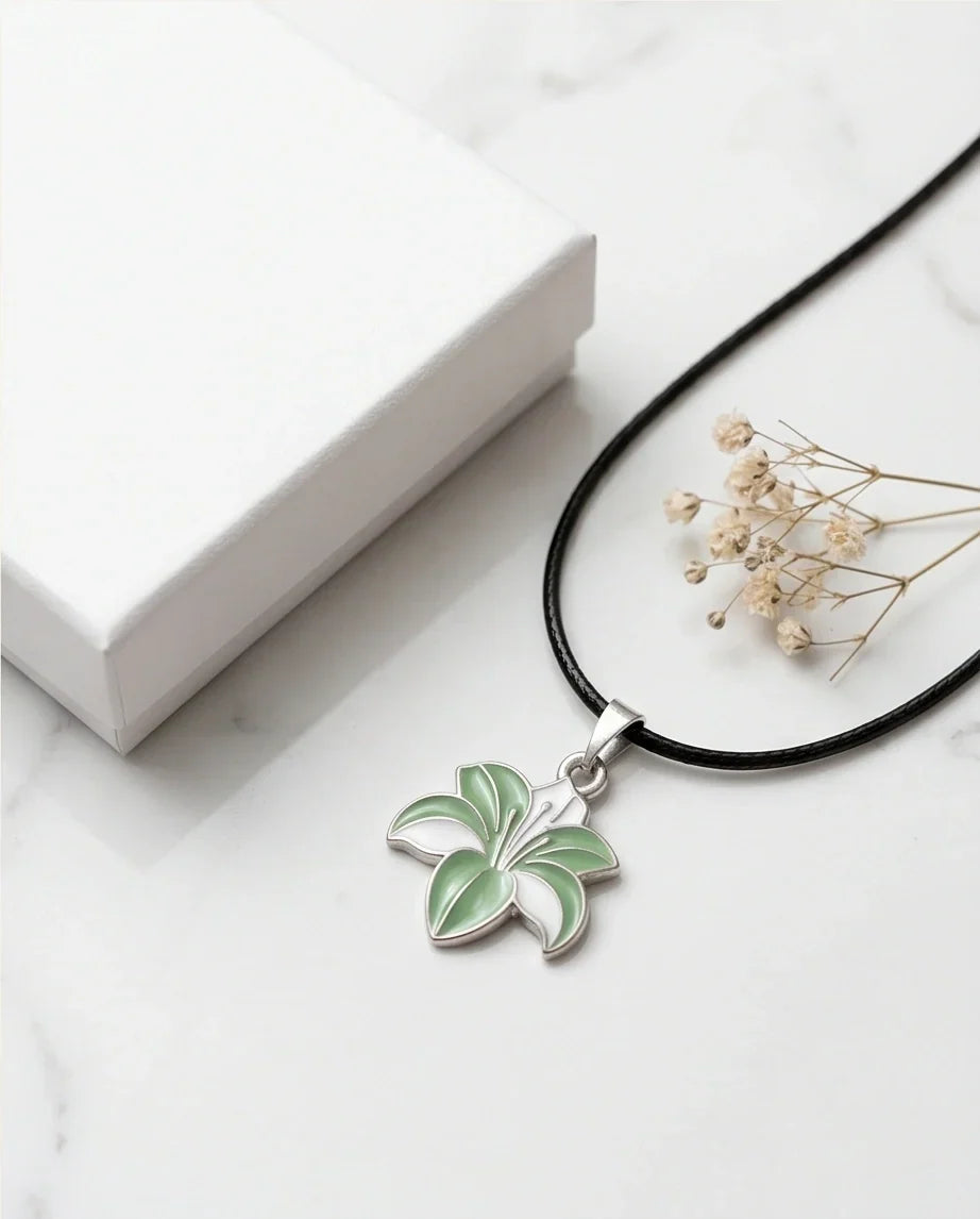 Elegant Green and White Lily Enamel Pendant Necklace