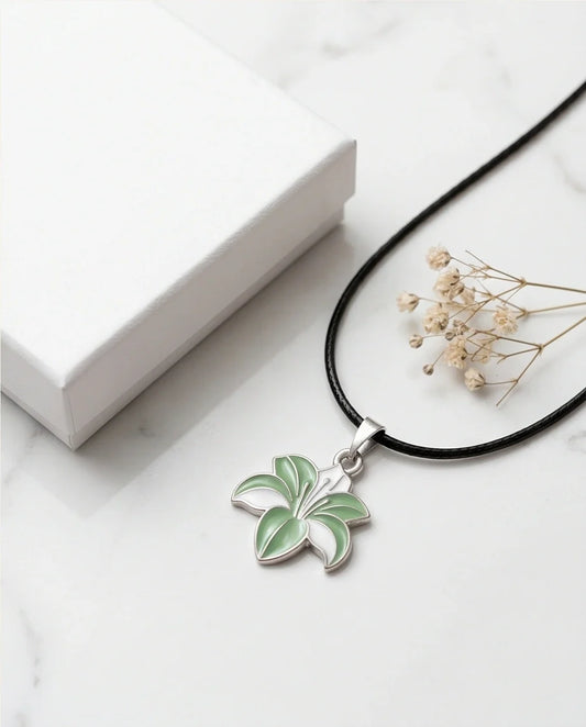 Elegant Green and White Lily Enamel Pendant Necklace
