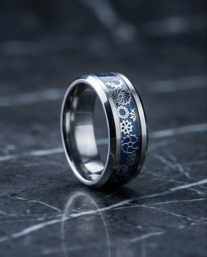 Industrial Steampunk Blue Gear Band Ring