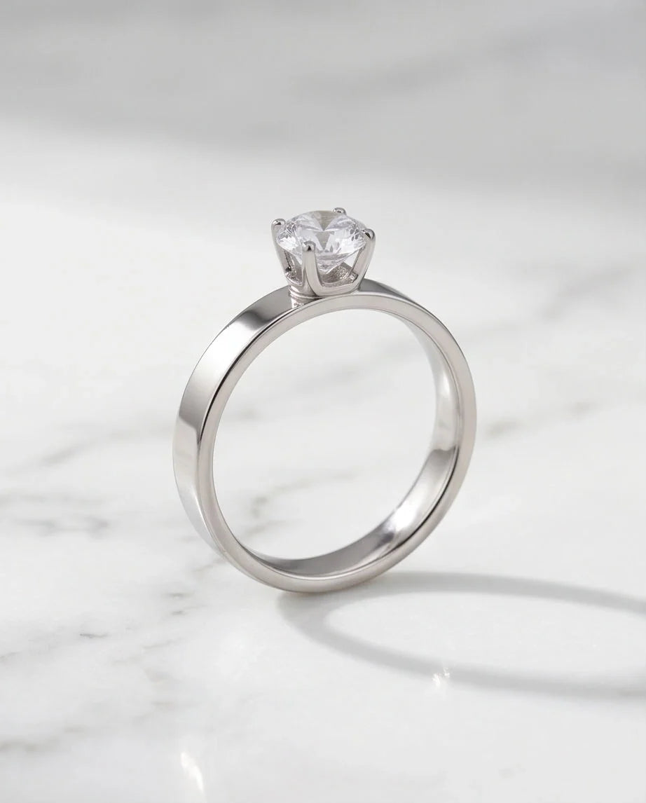 Silver Round Gemstone Crown Band Solitaire Ring