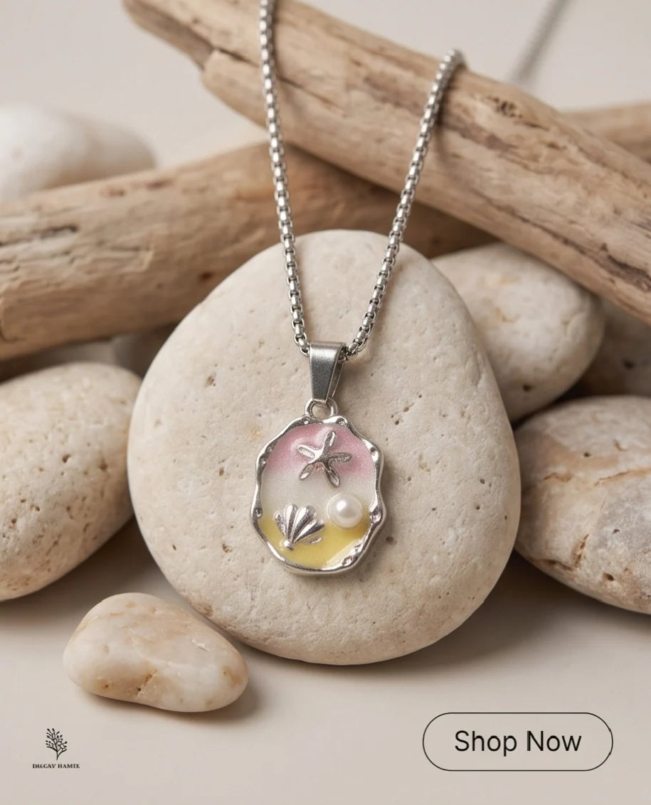 Silver Seashell Starfish Pearl Enamel Medallion Chain Necklace