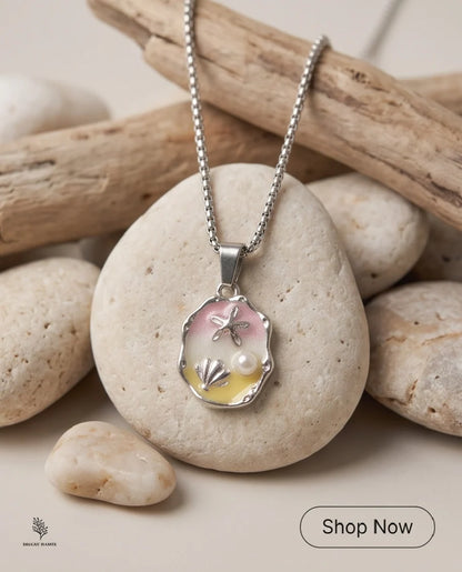 Silver Seashell Starfish Pearl Enamel Medallion Chain Necklace