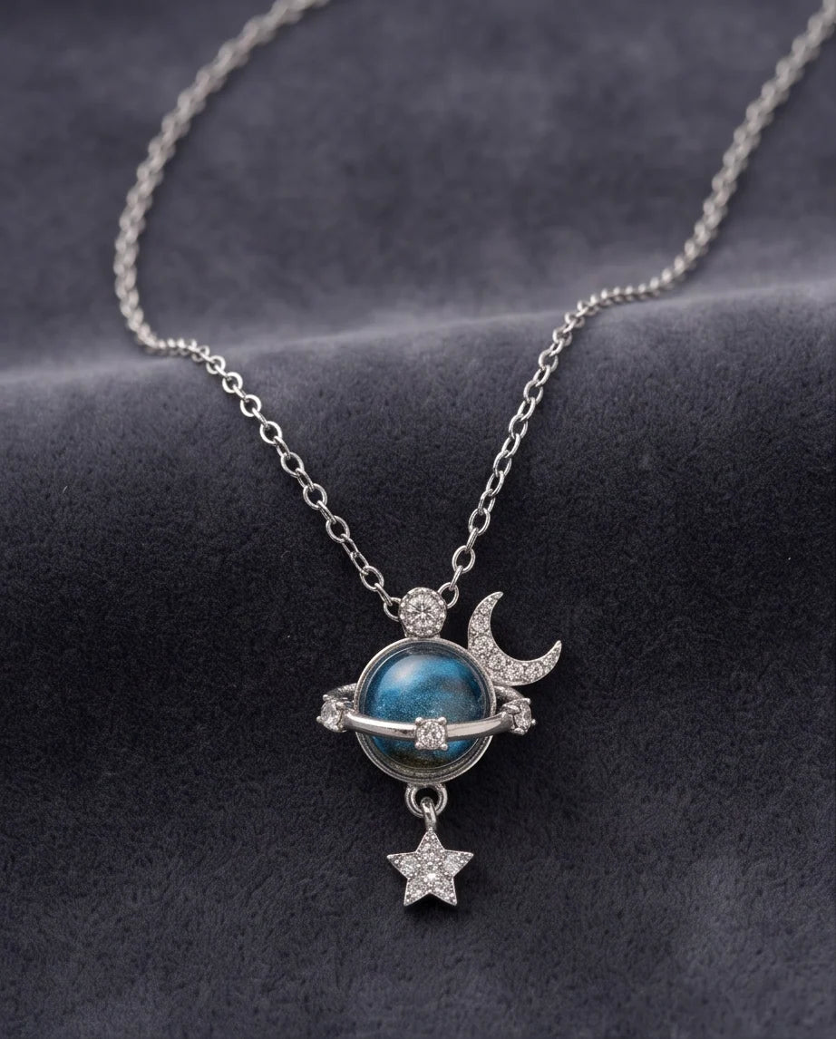Silver Cosmic Planet Crescent Moon & Star Dangle Pendant Necklace