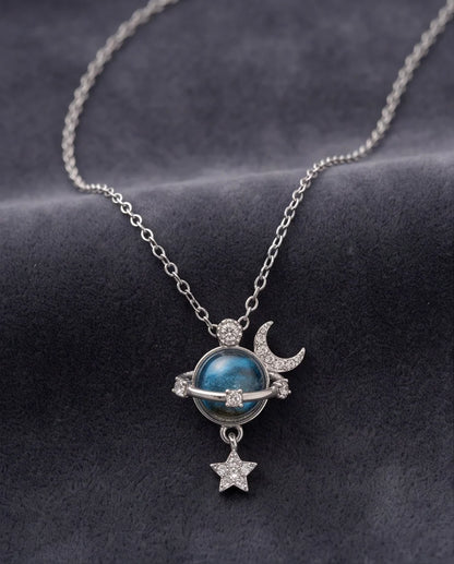 Silver Cosmic Planet Crescent Moon & Star Dangle Pendant Necklace