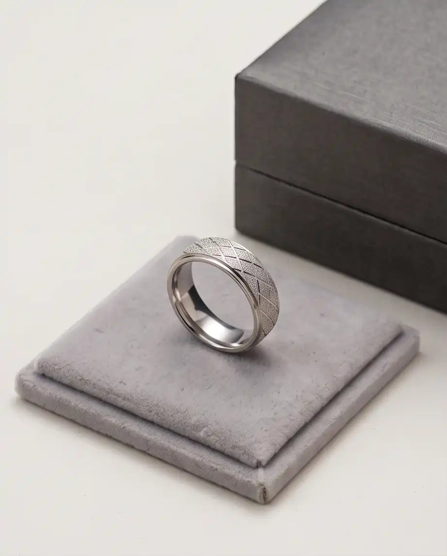 Silver Diamond Texture Grid Band Ring