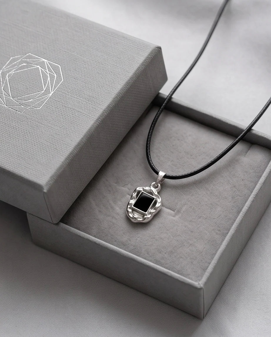 Liquid Metal Rectangular Black Gemstone Necklace