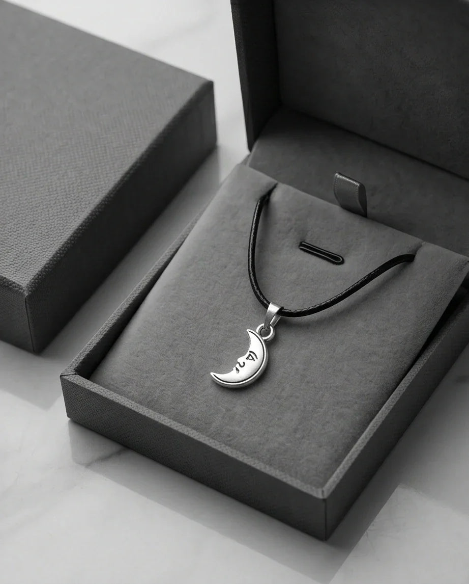 Silver Vintage Crescent Moon Face Necklace