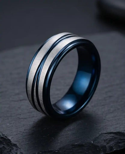 Two-Tone Brushed Silver and Blue Grooved Band Ring