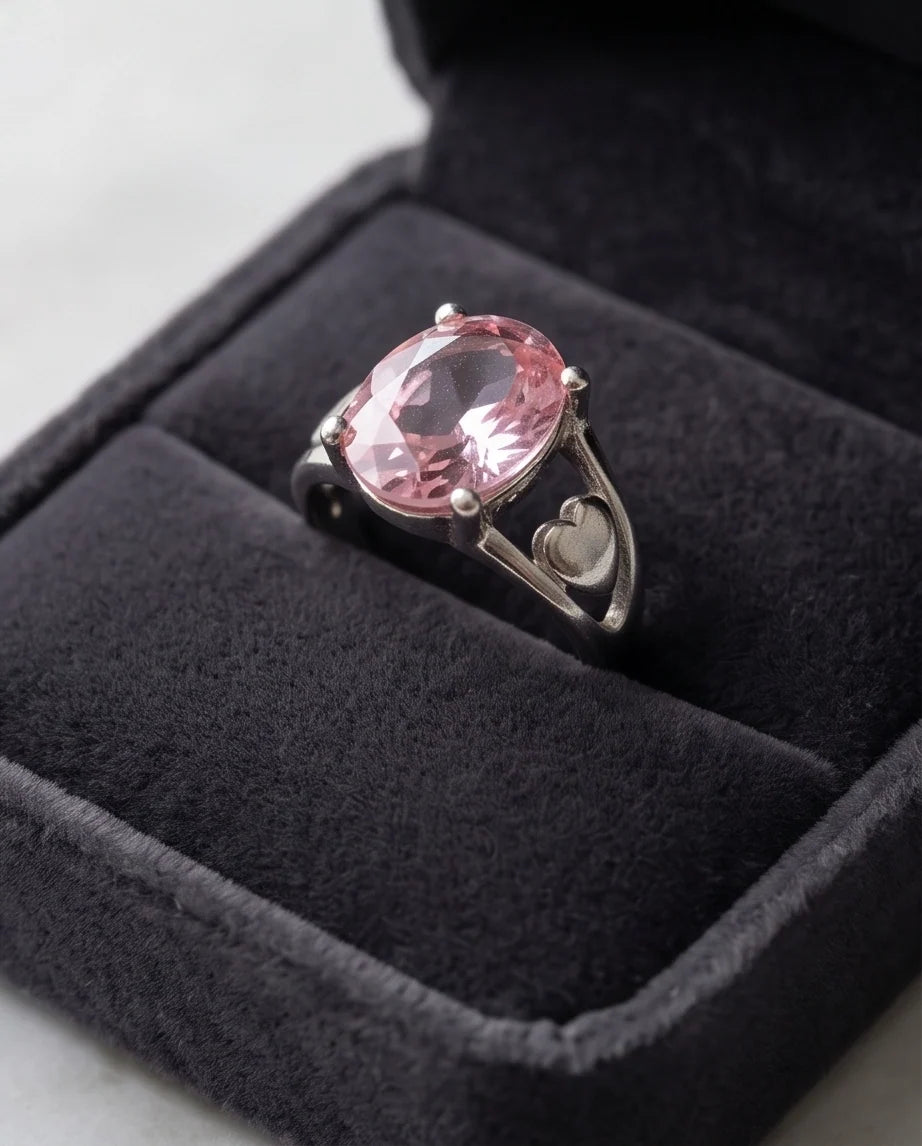 Silver Oval Pink Gemstone Heart Detail Solitaire Ring