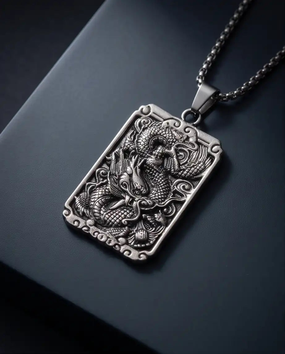 Mythological Dragon Rectangle Dog Tag Pendant Box Chain