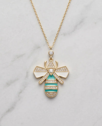 Gold Turquoise Enamel Bee Necklace