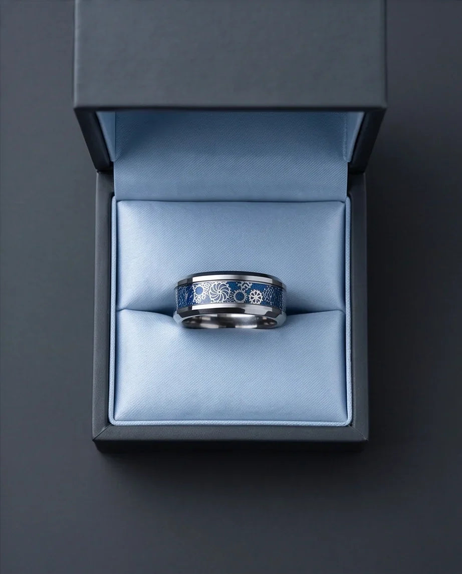 Industrial Steampunk Blue Gear Band Ring