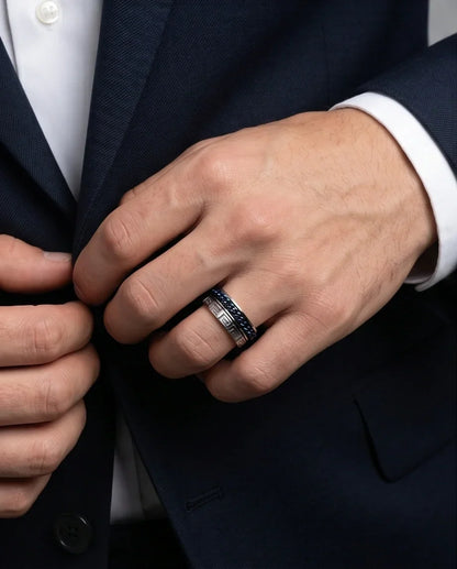Modern Greek Key Blue Chain Spinner Ring