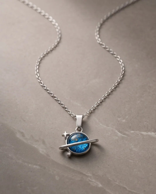 Silver Cosmic Saturn Galaxy Ring Pendant Necklace