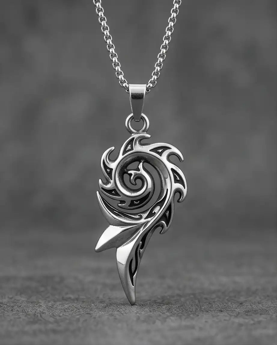 Silver Tribal Swirl Flame Cord Necklace