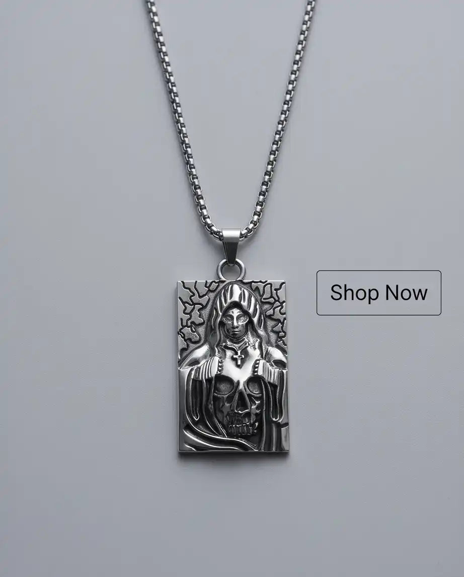 Hooded Grim Reaper Skull Dog Tag Pendant Box Chain