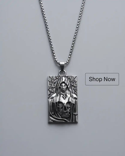 Hooded Grim Reaper Skull Dog Tag Pendant Box Chain