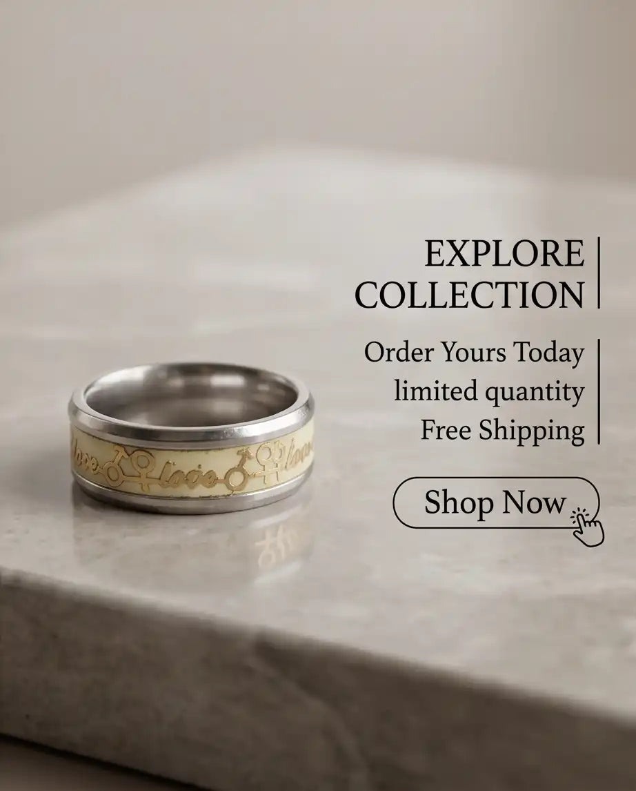 Gold Love Script and Gender Symbols Band Ring