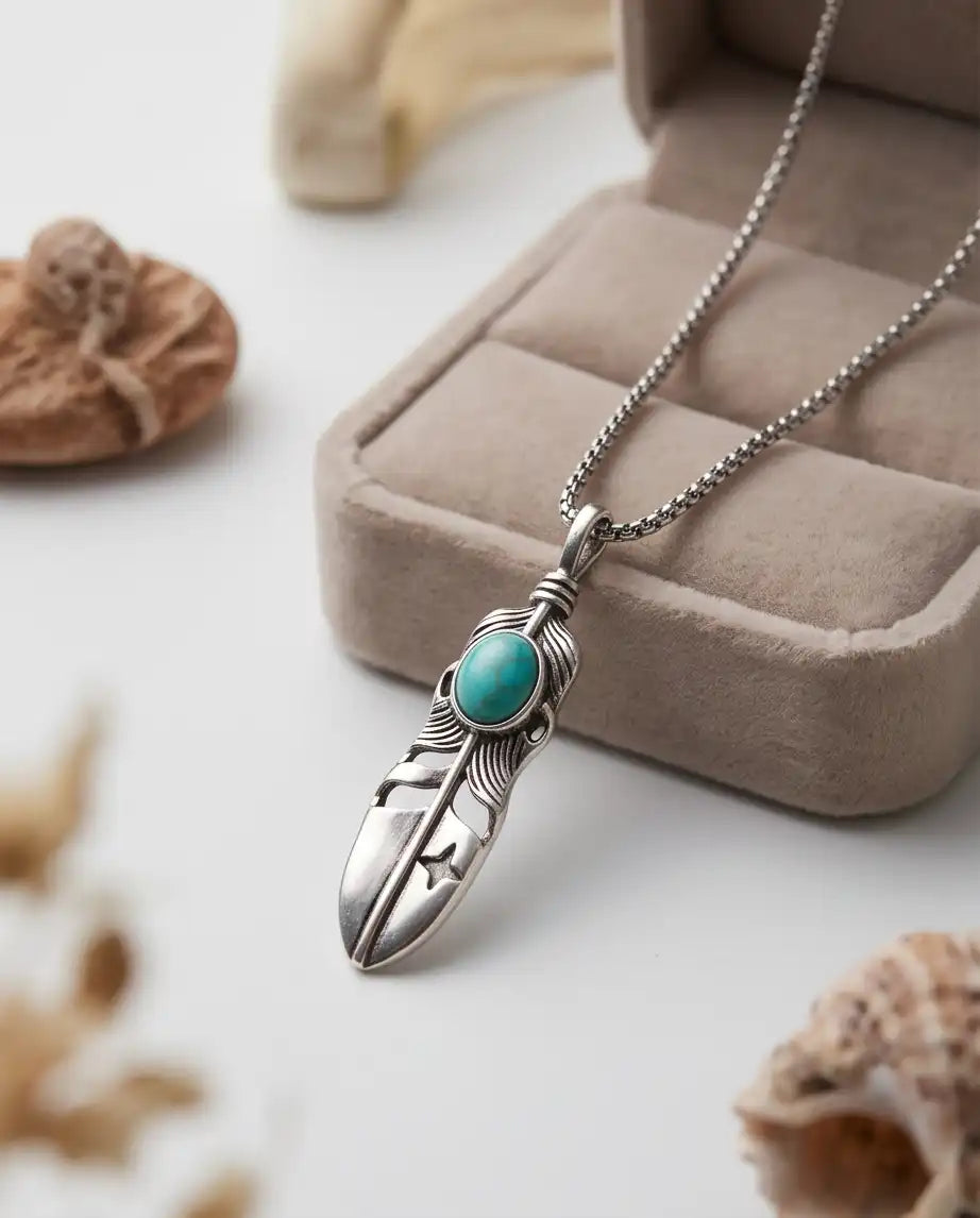 Turquoise Stone Feather Pendant Box Chain
