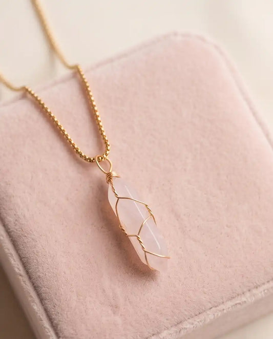 Wire-Wrapped Soft Pink Quartz Crystal Point Pendant Bead Chain