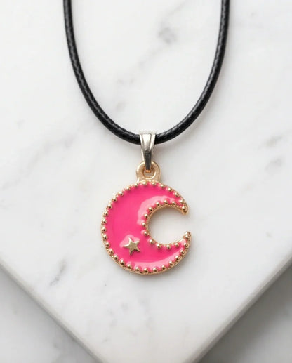 Gold and Pink Celestial Crescent Moon Necklace