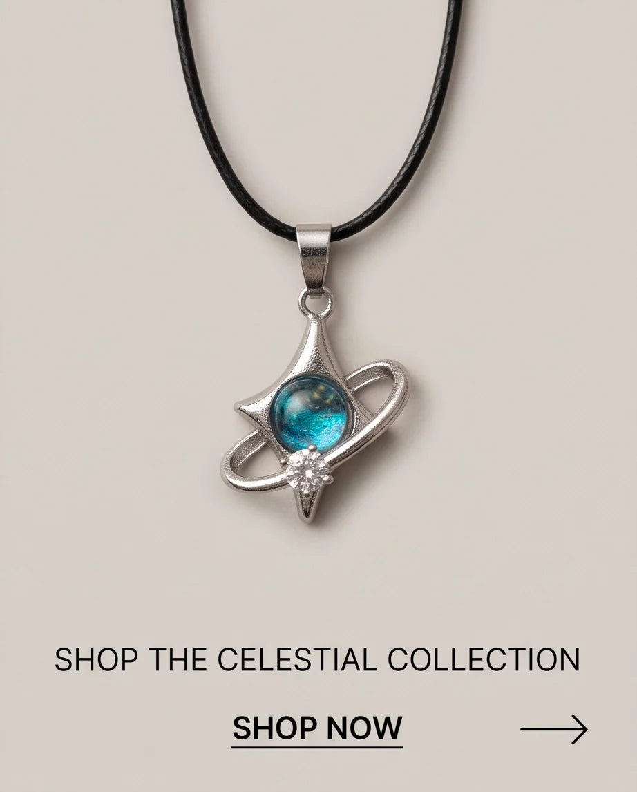 Silver Cosmic Four-Point Star Planet Ring Pendant Necklace